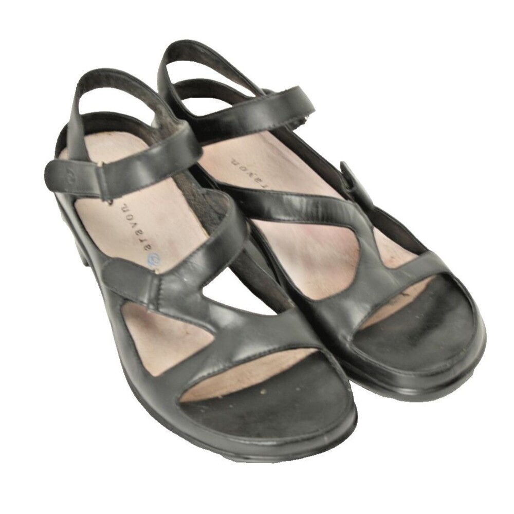 Aravon Sandals Women's sz 9.5 Black Leather Comfort Strappy Heel - Picture 2 of 6